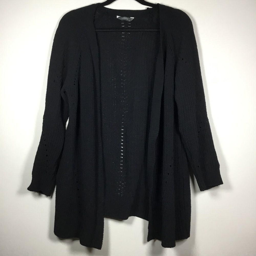 Cozy open front black knit cardigan longer in front size Large closet staple